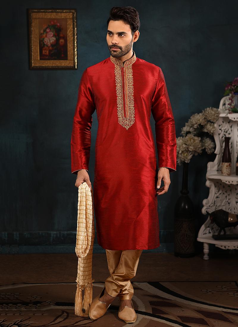 Maroon Banarasi Silk Kurta Pajama The Ethnic World