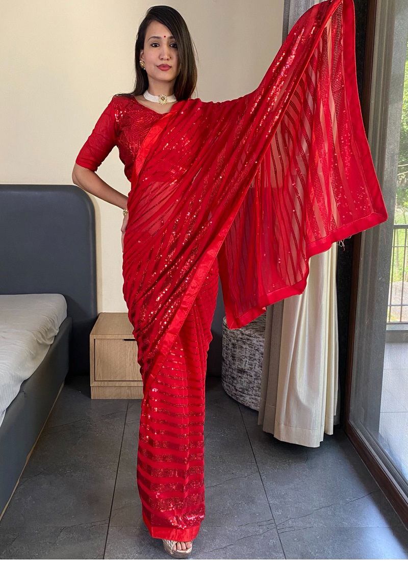 Radhika Red Party Wear Georgette Sarees Catalog The Ethnic World