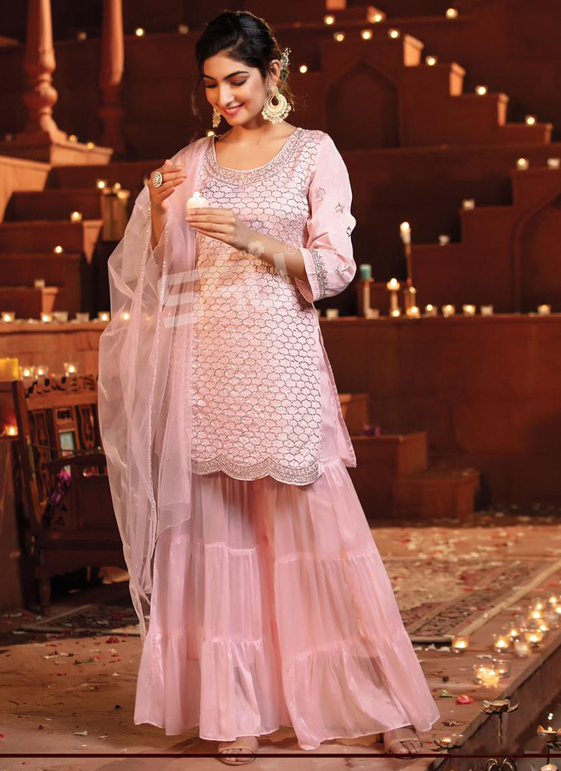 TRENDMALLS Women's Light Pink Georgette Sequence Embroidery Party Wear  Kurta Pant with Print Dupatta Salwar Suit Set - Trendmalls - 4211520
