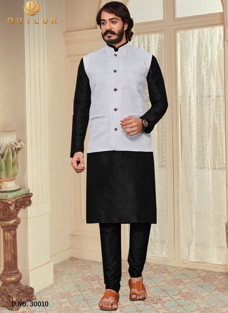 VASTRAMAY Men's White Cotton Kurta, Black Ethnic Jacket and Pyjama Set –  vastramay