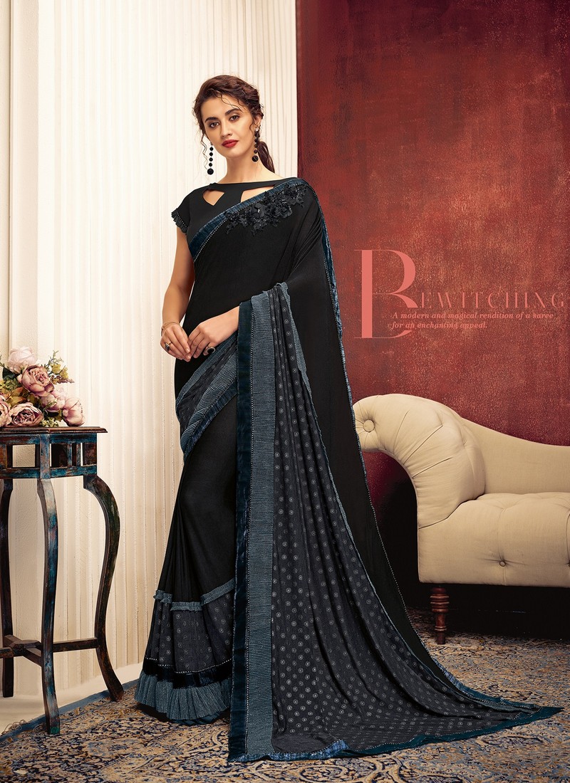 Download Black Colour Latest Collection Fancy Designer Party Wear 3d Applique Brooch Crush Fancy Lycra Heavy Saree Collection 11316 Theethnicworld