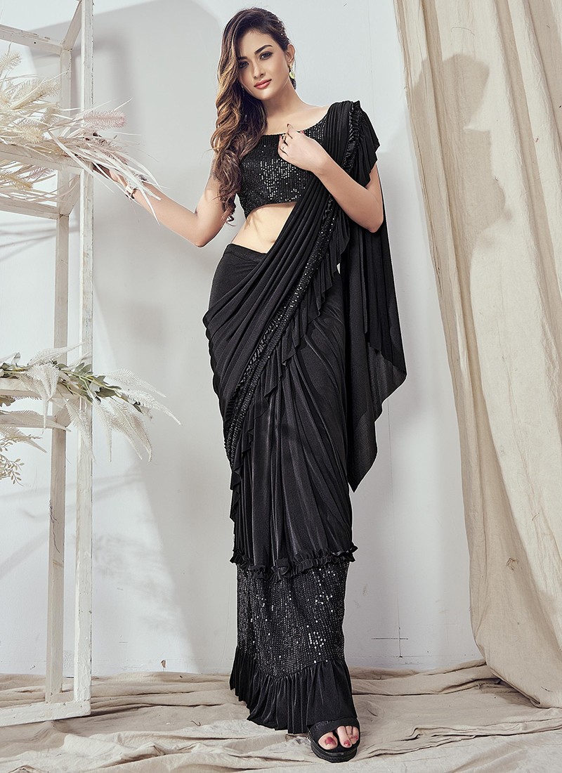 fcity.in - Self Design Bollywood Georgette Saree Black / Trendy Ensemble  Sarees