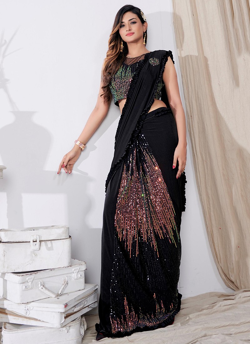 Black Georgette Saree With Floral Self Embroidery And Stones at Soch