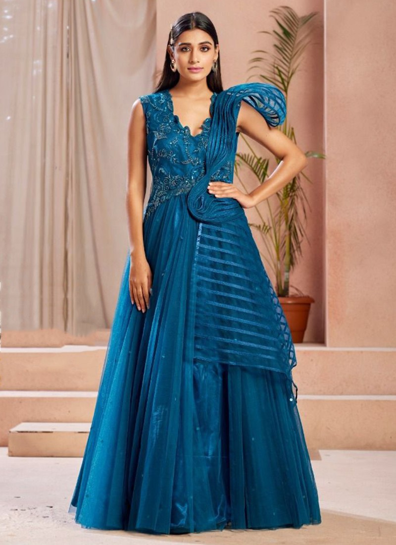 RE - Dark Blue Coloured Party Wear Georgette Gown With Dupatta - Featured  Product