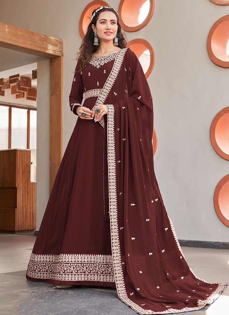 Neeru's Brown Colour Georgette Fabric Gown – neerus-india