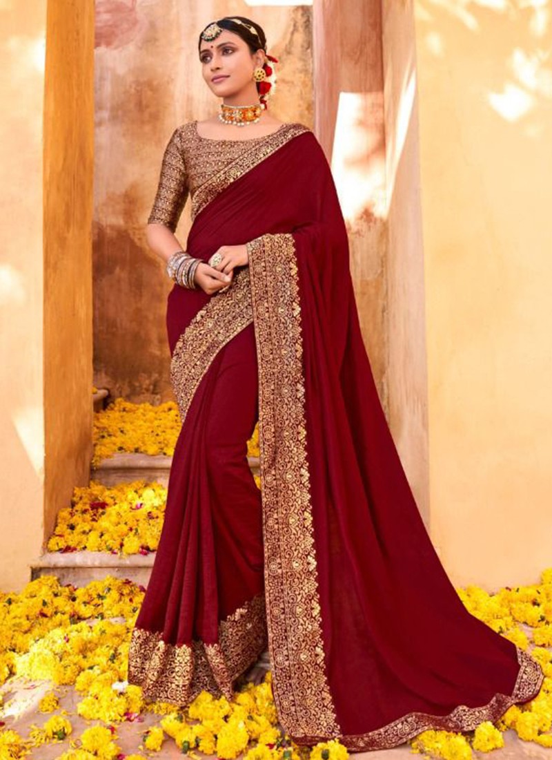 Cherry Red Vichitre Silk Embroidered Designer Saree