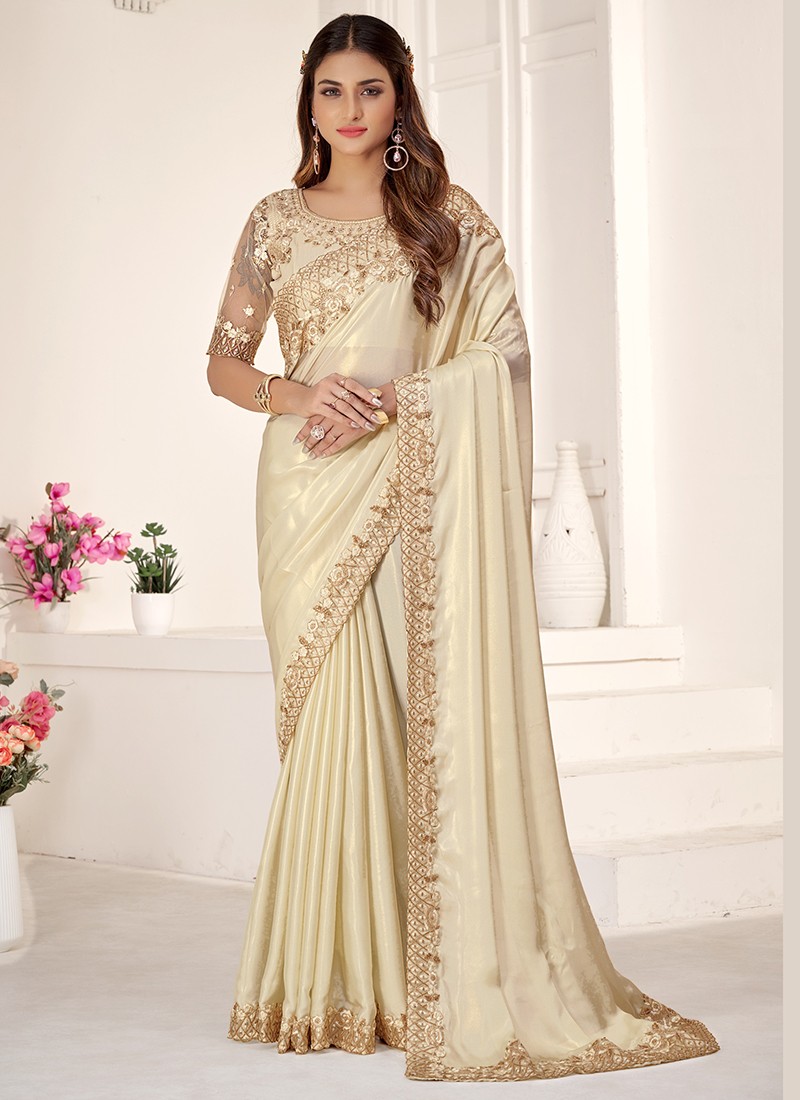 Cream Color Fancy Organza Fabric Party Wear Saree With Embroidered Blouse