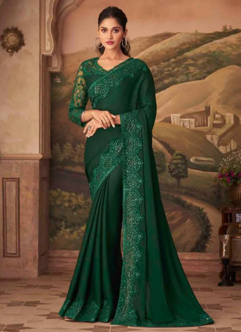 Dark Green Silk Saree with Blouse Design - Online Saree Sri Lanka