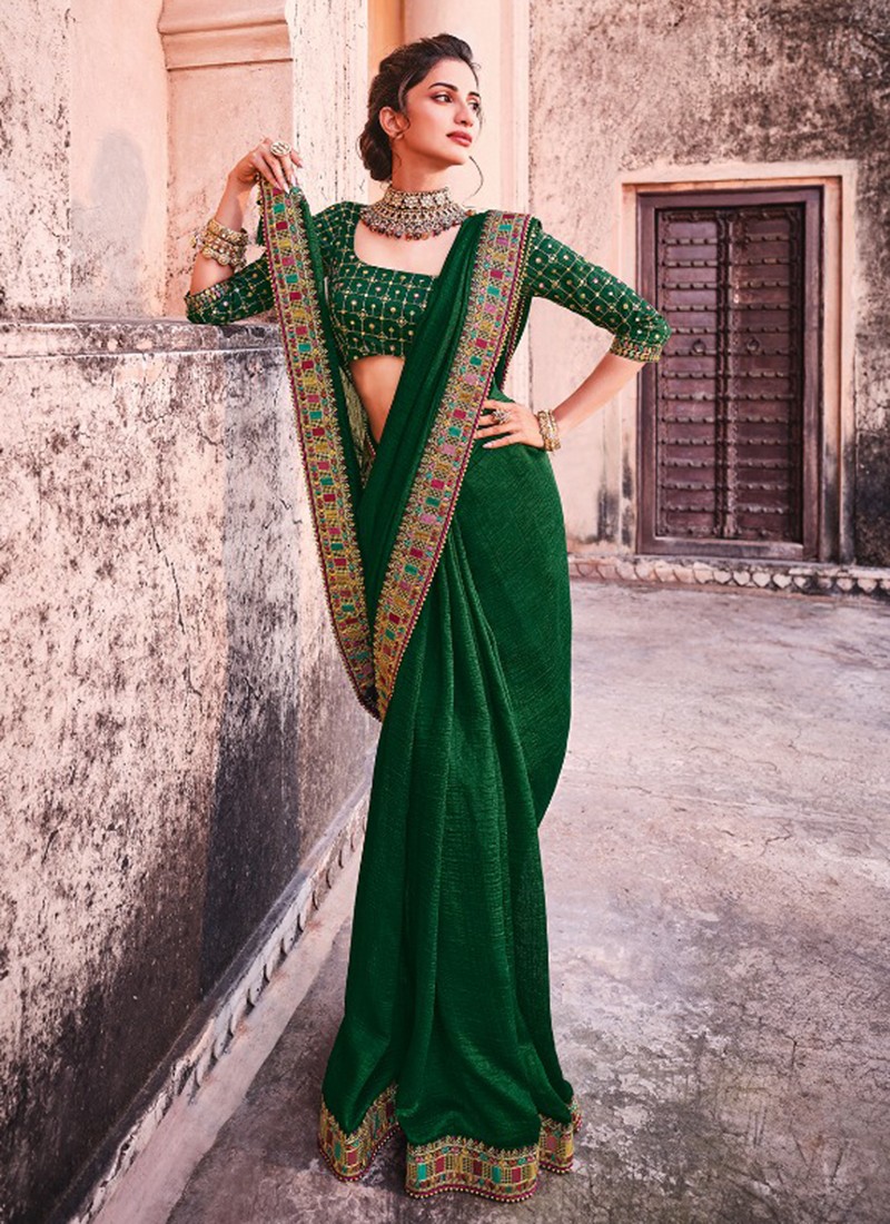 Buy Dark Green Designer Soft Silk Wedding Wear Sari | Wedding Sarees