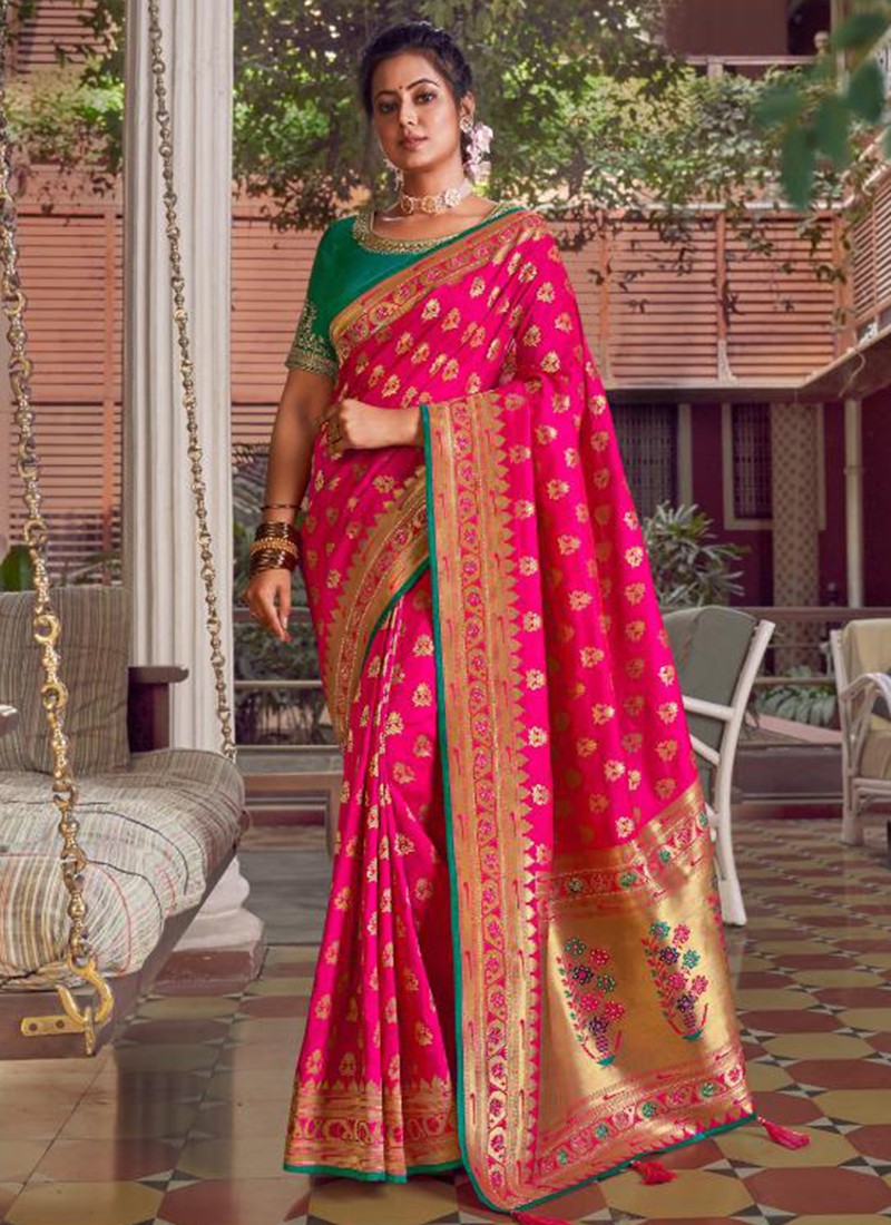 Buy Rani Pink Saree In Chiffon With Cut Dana And Stones Embroidery