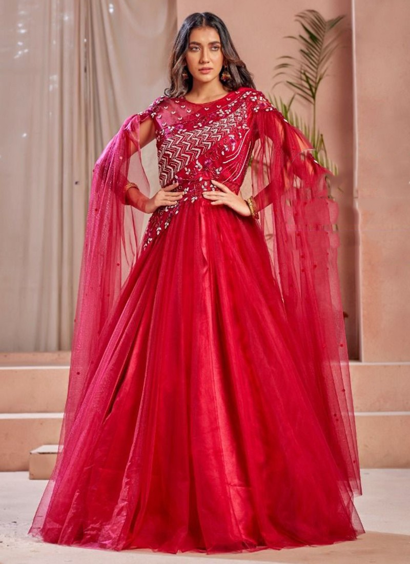 Embroidered Pure Georgette and Net Gown in Coral Red : TLB23