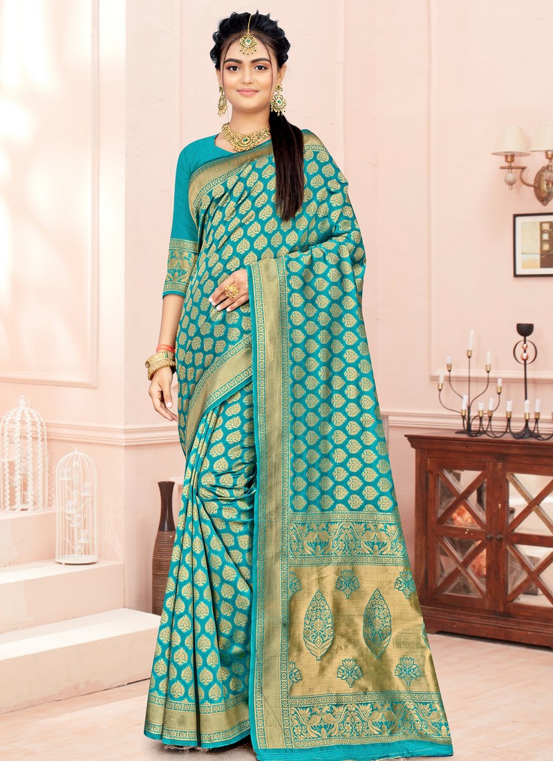 Banarasi Saree in Firozi Raw silk with Weaving - SR20127