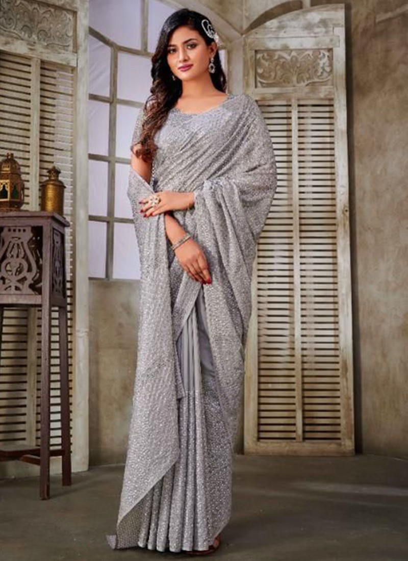 Glamorous Grey Color Naylon Mono Net Fancy Chain Stich Work Saree