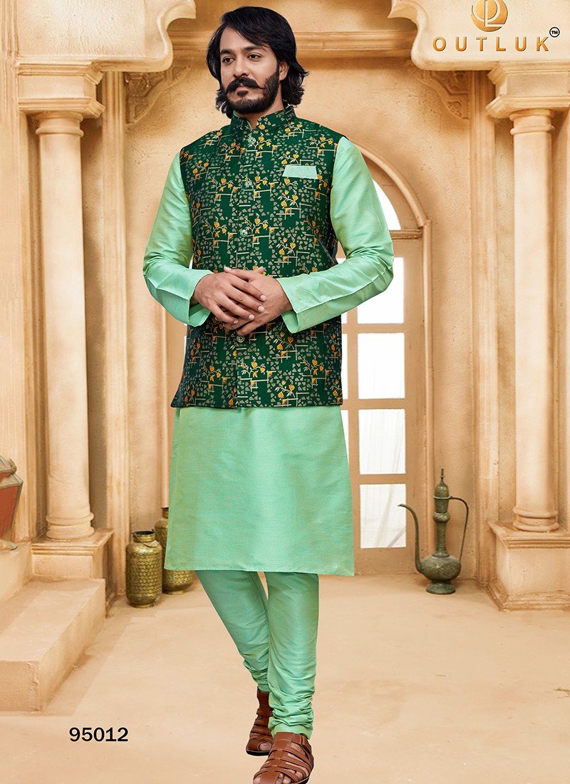 Buy Pista Green Art Silk Nehru Jacket (NMK-6315) Online