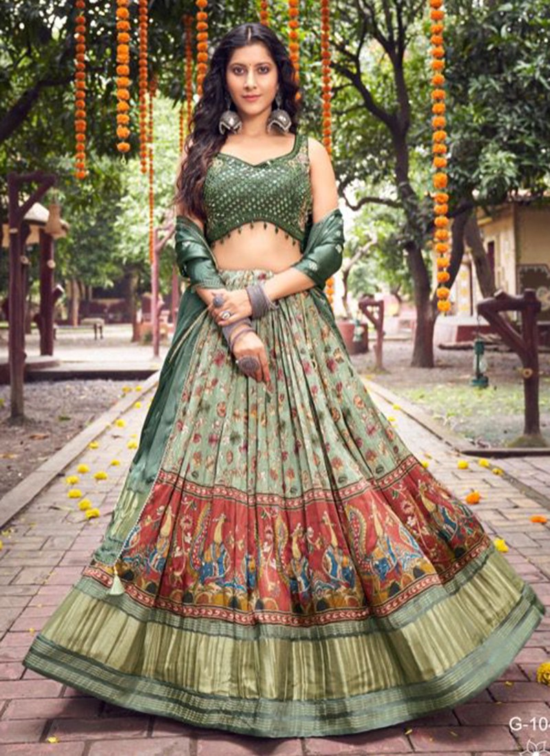 Green satin a line lehenga choli 4517