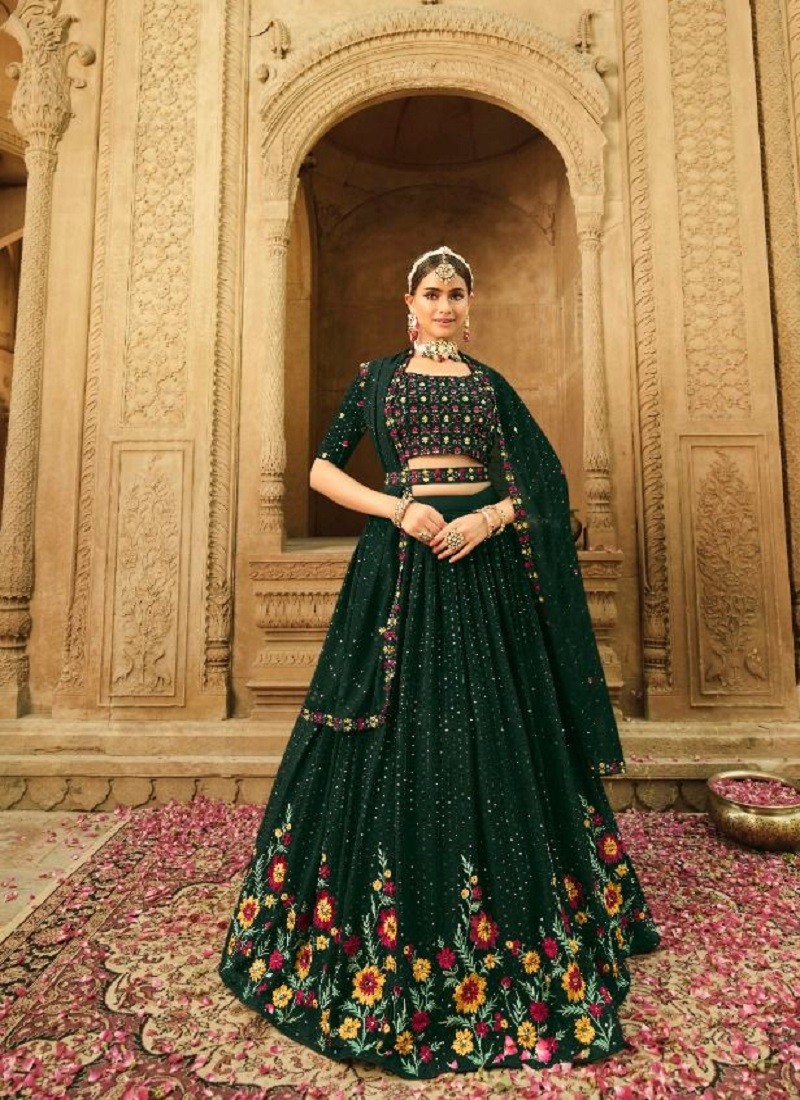 Buy Olive Green Badla Embroidered Festive Lehenga Choli In UK
