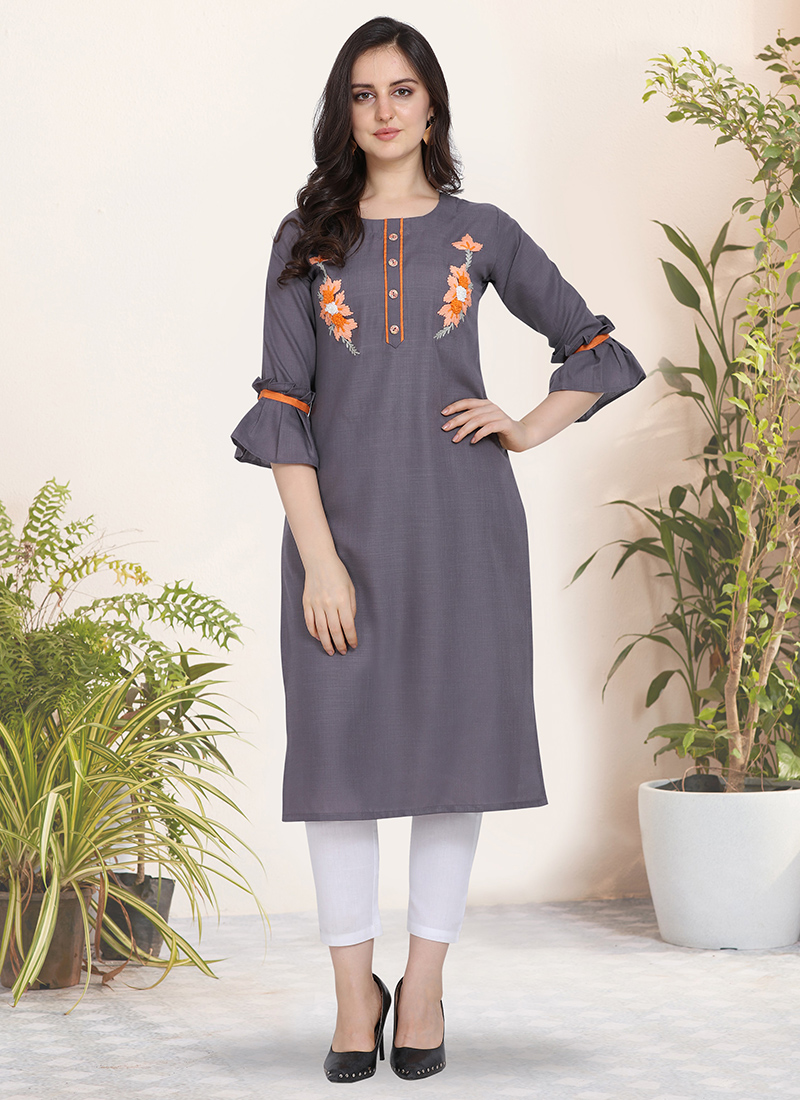 Printed Cotton A Line Kurta Set in Grey | Cotton kurti designs, Kurta  designs women, Lace dress design