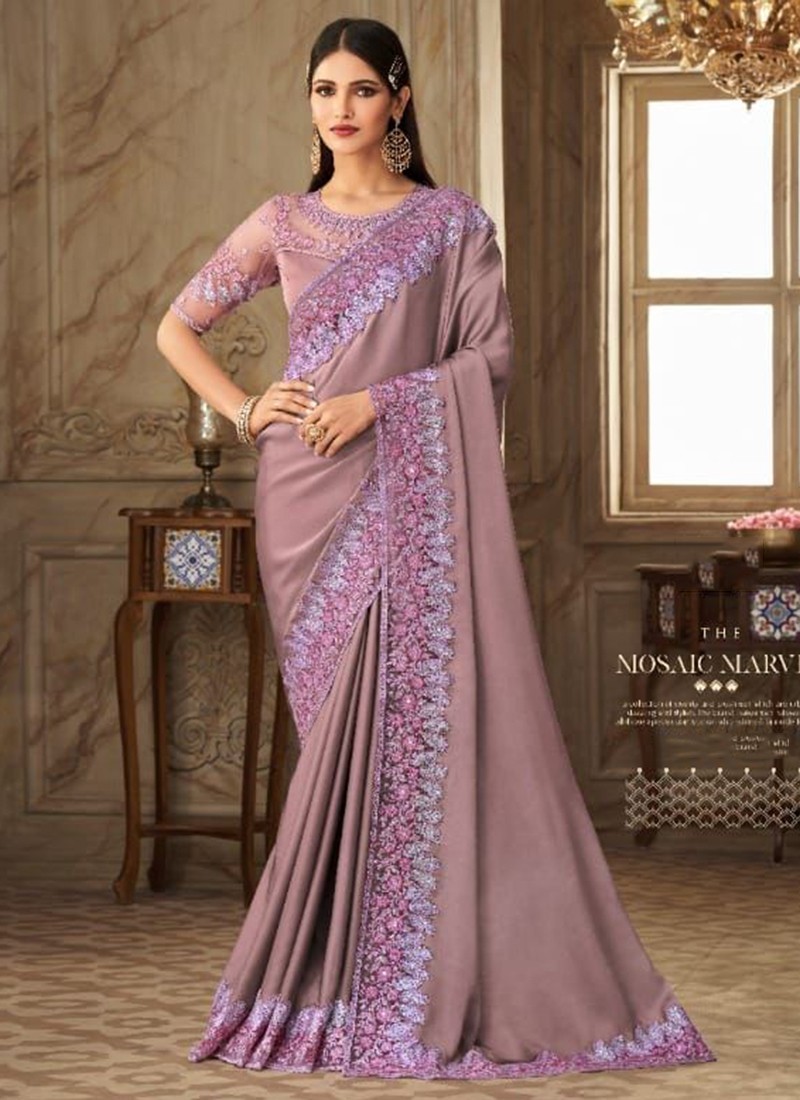 Wedding Collection Lavender Purple Chinnon Embroidered Saree|SARV152834