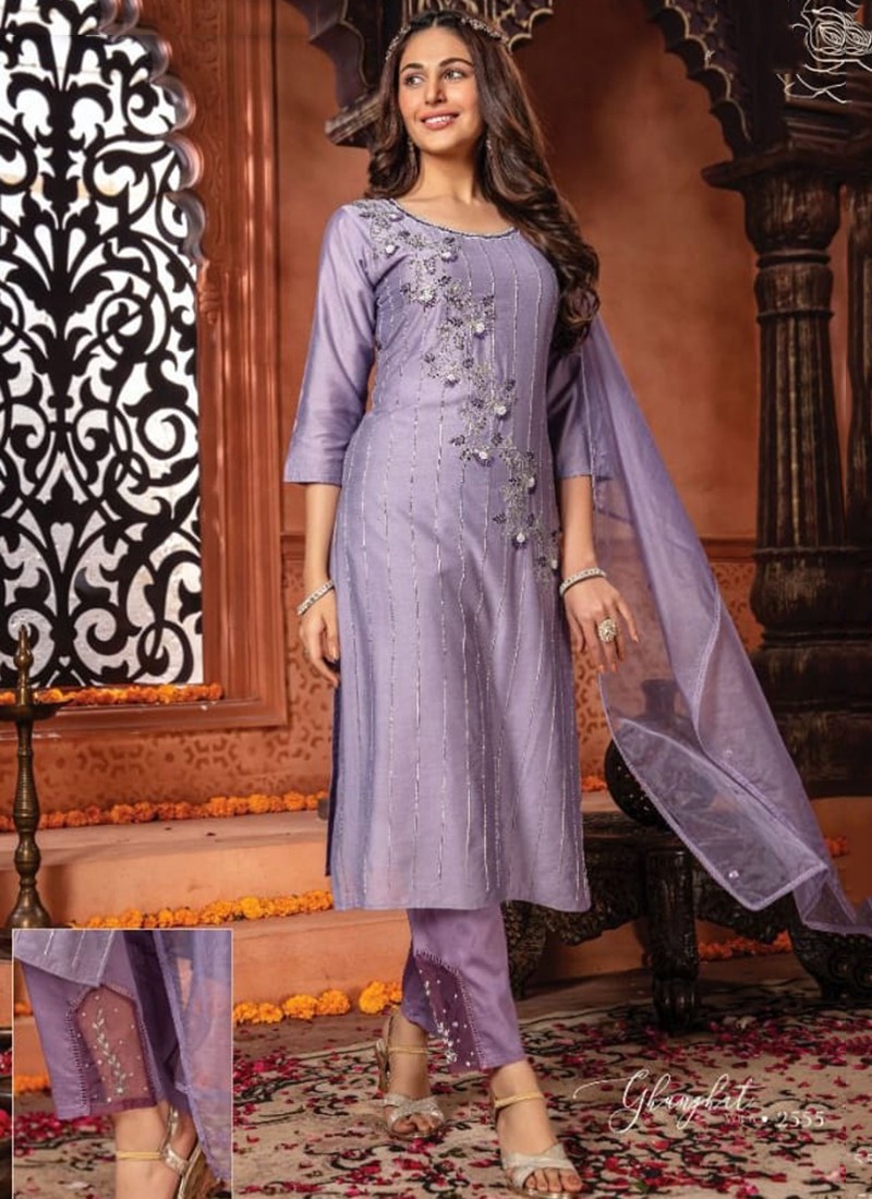 Purple Pant Style Straight Cut Salwar Suit – Khushkar