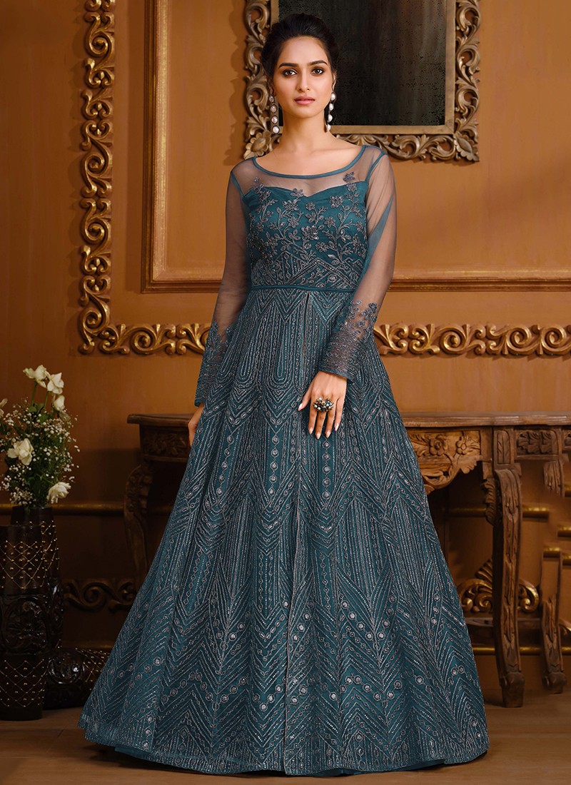 Attractive Sky Blue Embroidered Wedding Gown