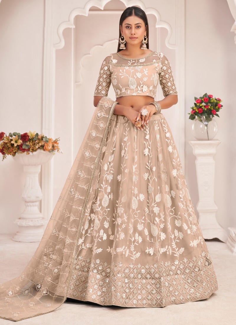 Light Brown Front Open Gown Flared Lehenga - Dupatta