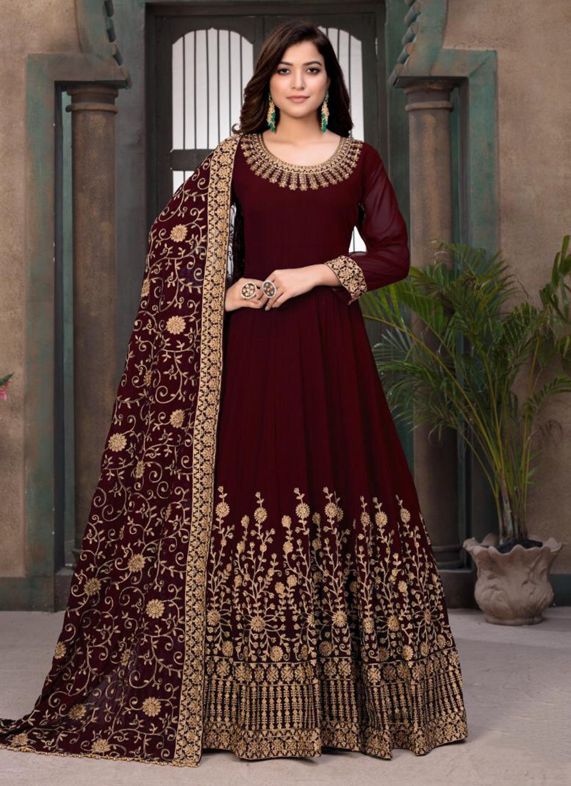 maroon colour gown design