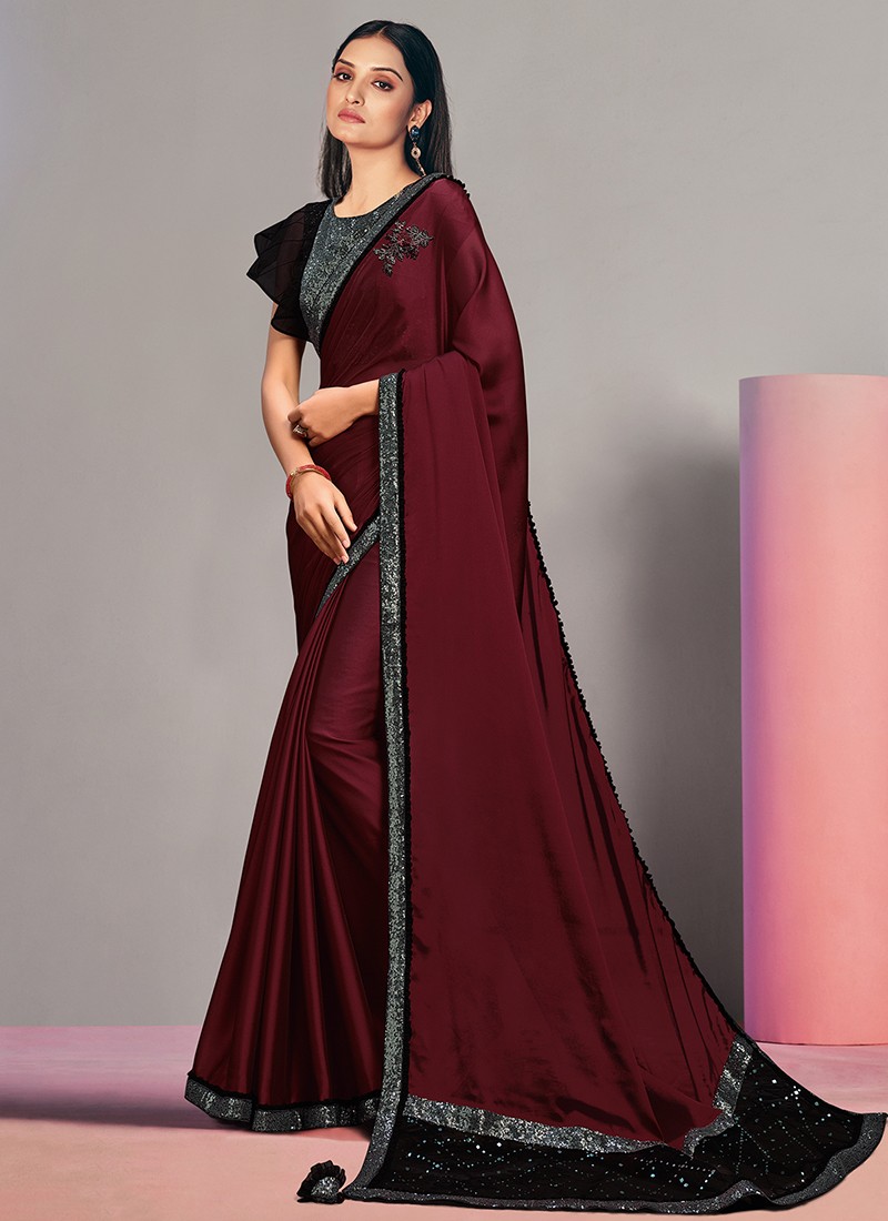 Buy Maroon-Black Pure Cross Weave Pure Plain Cotton Linen Saree-UNM75275  Online at Unnatisilks.com|UNM75275