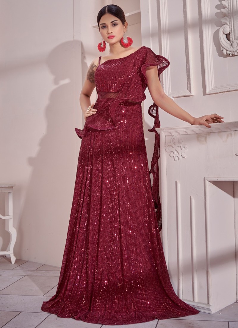 Buy Maroon Embroidered One Shoulder Gown Party Wear Online at Best Price |  Cbazaar