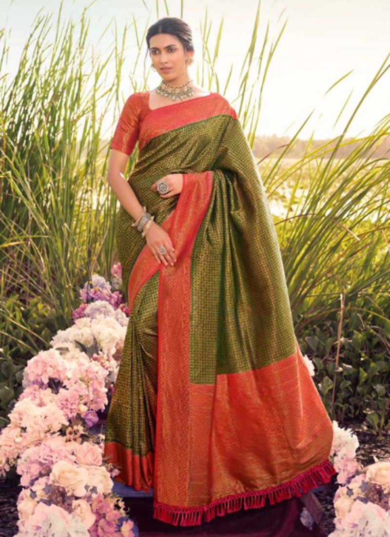 mehndi green color banarasi silk saree in Sarees | Heer Fashion