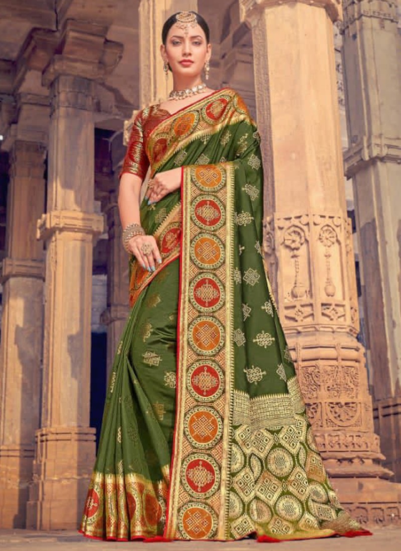 Multi Colour Mehndi Katan Silk Designer Sarees, Multi Colour Mehndi Katan  Silk Designer Saris and Multi Colour Mehndi Katan Silk Beautiful Sarees  Online Shopping