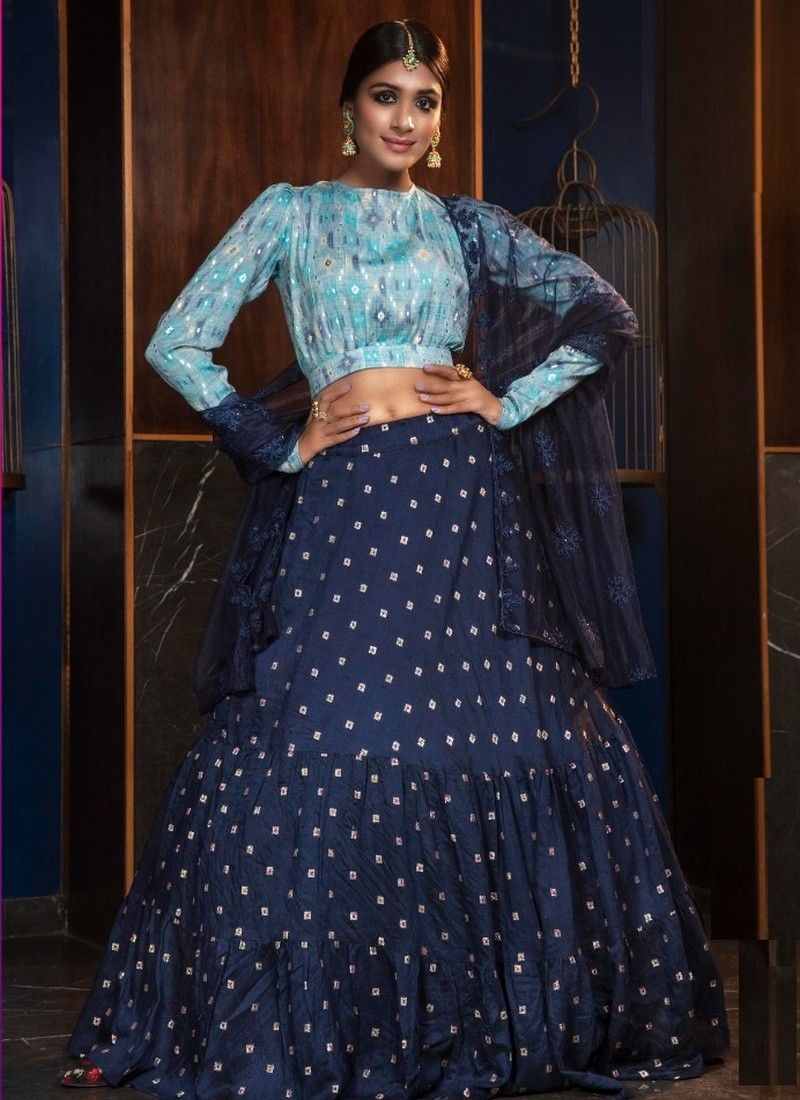 Embroidered Net Lehenga in Shaded Beige and Blue : LCC758