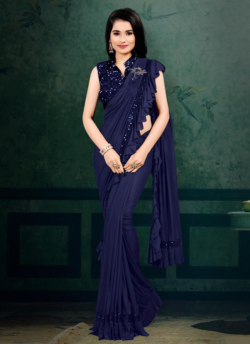 Navy Blue Colour NARI VICTORY Stylish Heavy Velvet Sequence Border Lycra  Party Wear Readymade Saree Collection 5173 - The Ethnic World