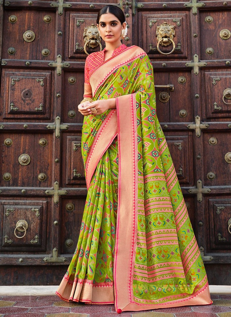 Parrot Green & Rani Pink - Hand Block Printed Cotton Saree