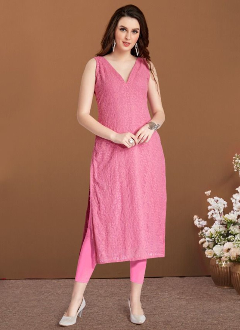 Baby-pink printed cotton ethnic-kurtis - Rajnandini - 3549908