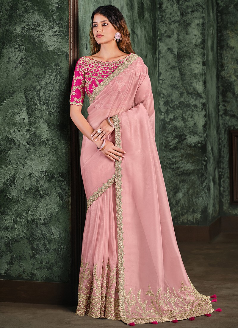 Dazzling Baby Pink Color Original Organza With Real Mirror Designer Saree