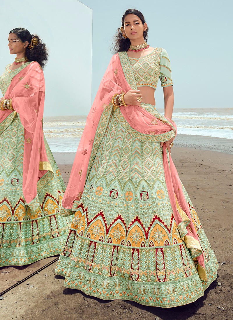 Pista Green Sequinned Chevron Design Lehenga in Georgette with...