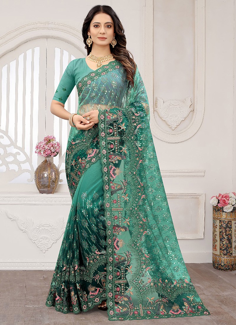 All Celebrities Sarees Designs: Celebrity in green and maron patch work  saree with designer mega sleeves blouse