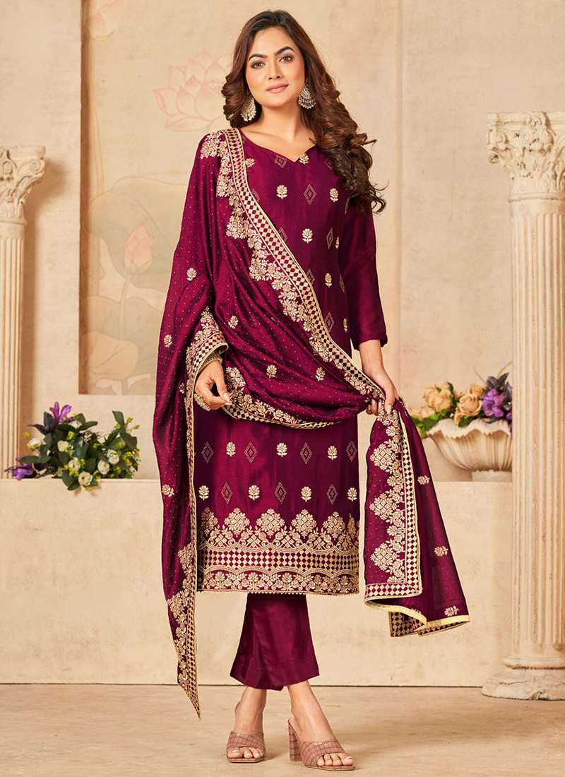 Buy Rani Pink Embroidered Georgette Salwar Suit Online At Zeel Clothing