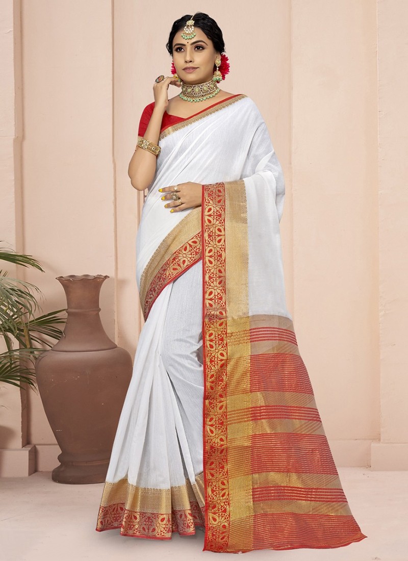RADHA LAKSHMI Women's Banarasi linen cotton Silk White Red Colour Saree  With Blouse piece(AG White red plain linen SQURE) : Amazon.in: Fashion