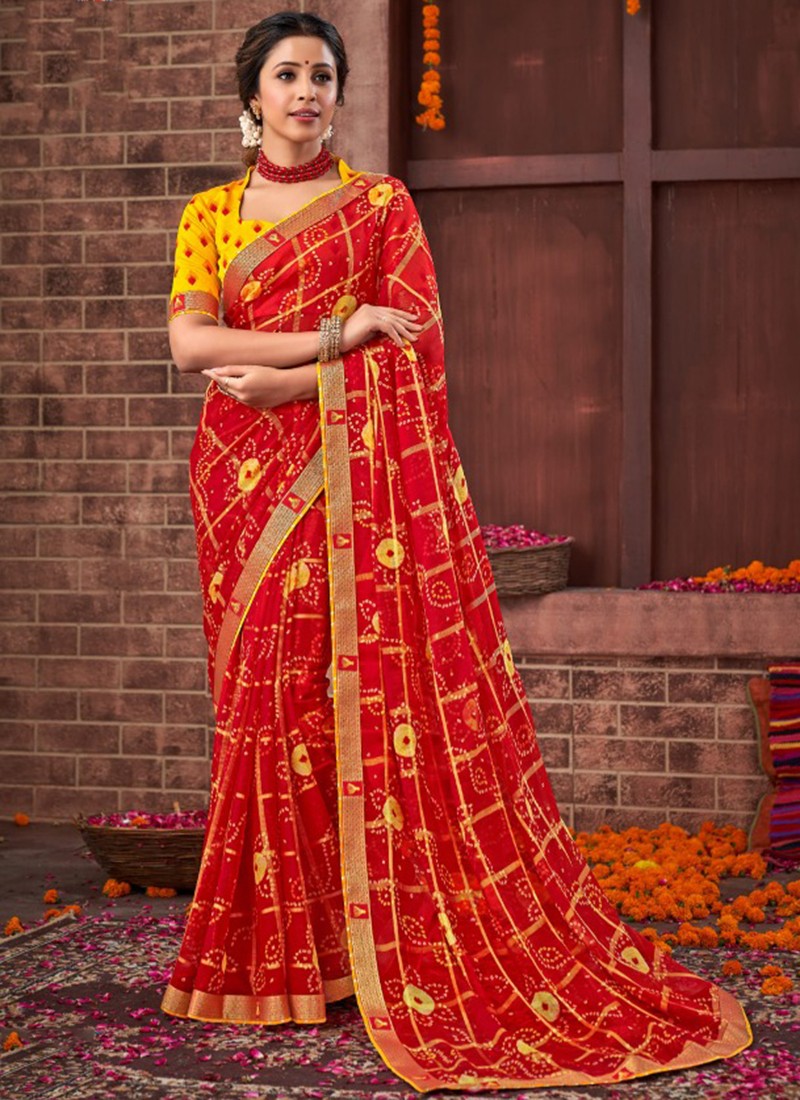 Printed Georgette Saree in Light Brown and Red : SEW12673