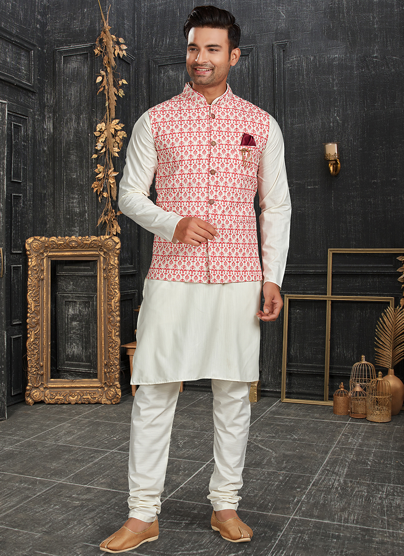 Mens Cotton Kurta Pyjama With Red Nehru Jacket Set - kuta