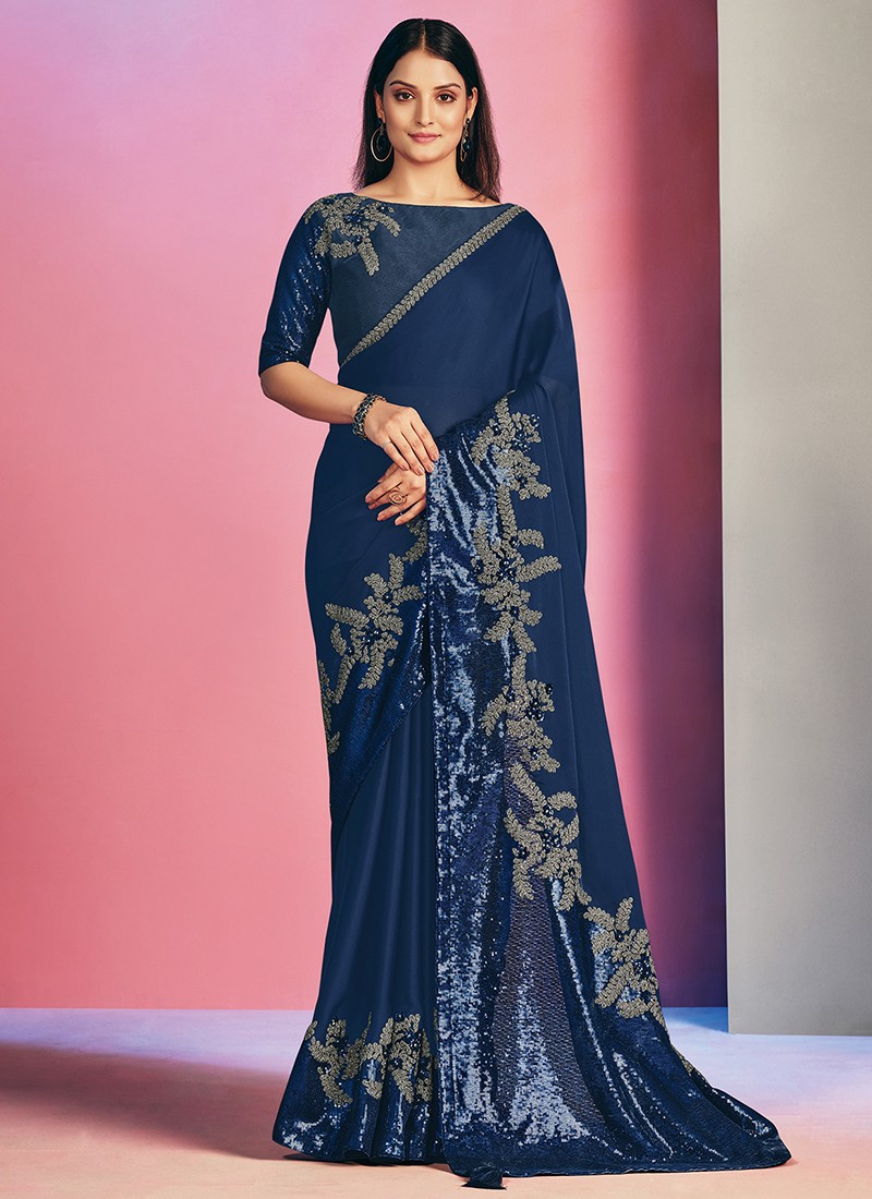 Blue colour beautiful Designer Party Wear Saree on Organza Silk with Thread  with Sequnce work – Prititrendz