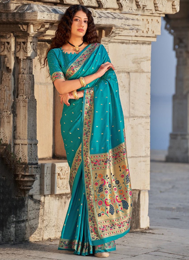 Buy Sea Blue Silk Saree Floral Lace Work Online | trendwati