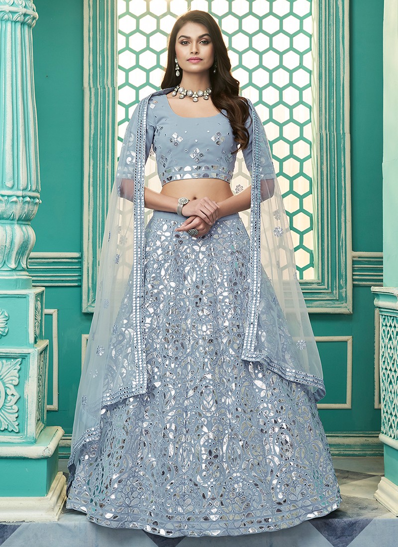 Buy Designer Sarees, Salwar Kameez, Kurtis & Tunic and Lehenga  Choli.Pleasing Net Light Steel Blue Lehenga Choli