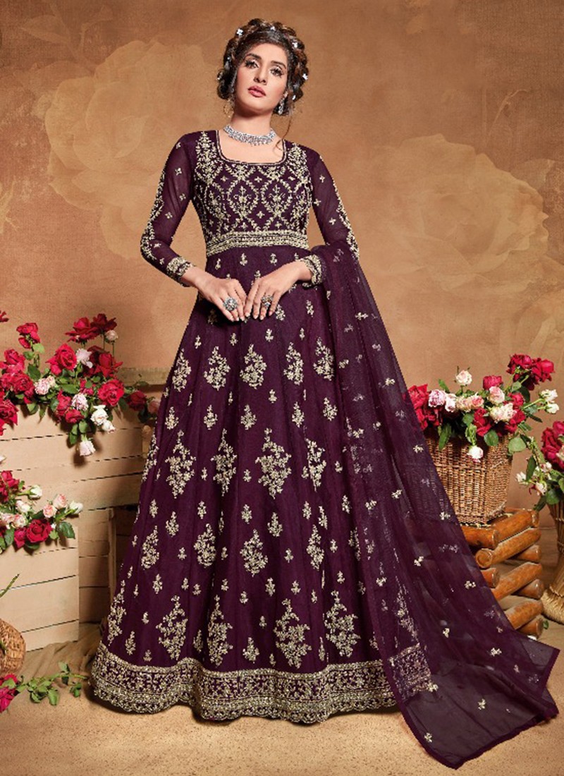 Embroidered Net Gown in Wine : TUY209