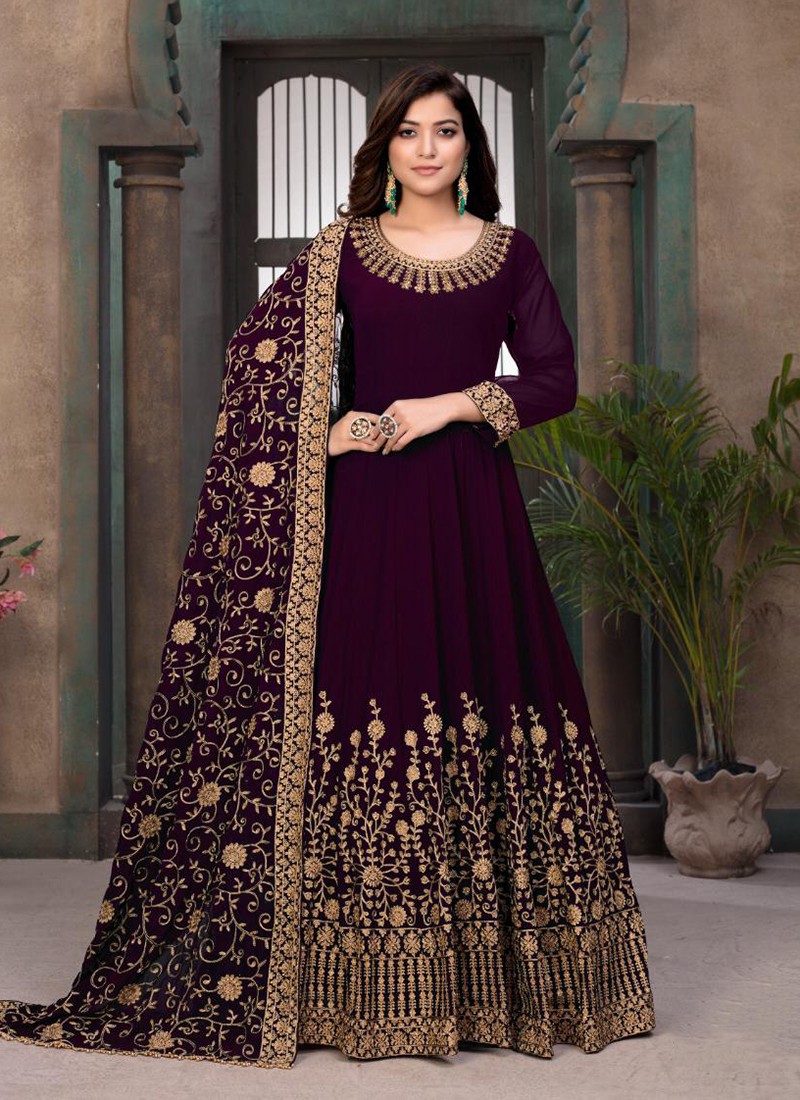 Georgette Embroidered Anarkali Dress Material in Maroon | Anarkali dress,  Long anarkali gown, Anarkali gown