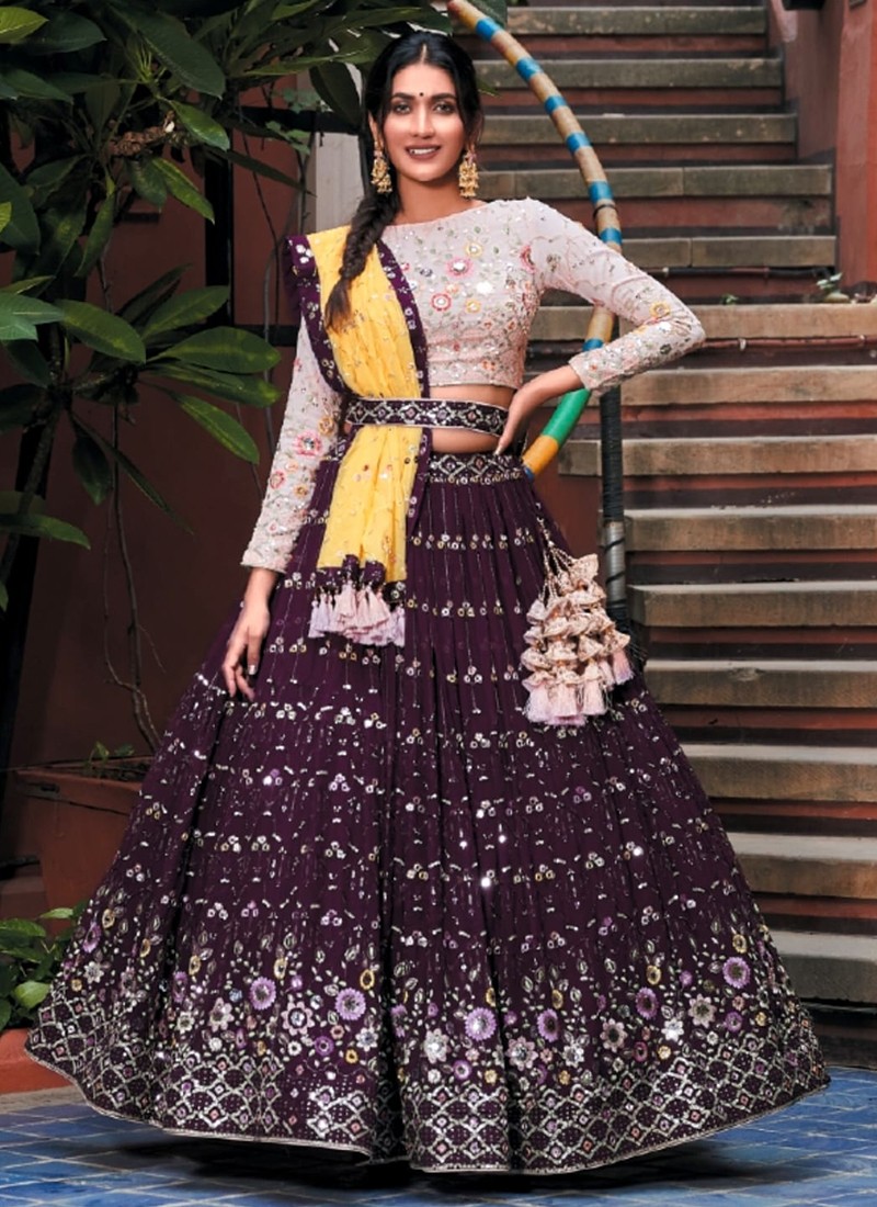 Wine Georgette Semi-Stitched Lehenga and Unstitched Blouse With Dupatta -  ShopGarb - 4083292