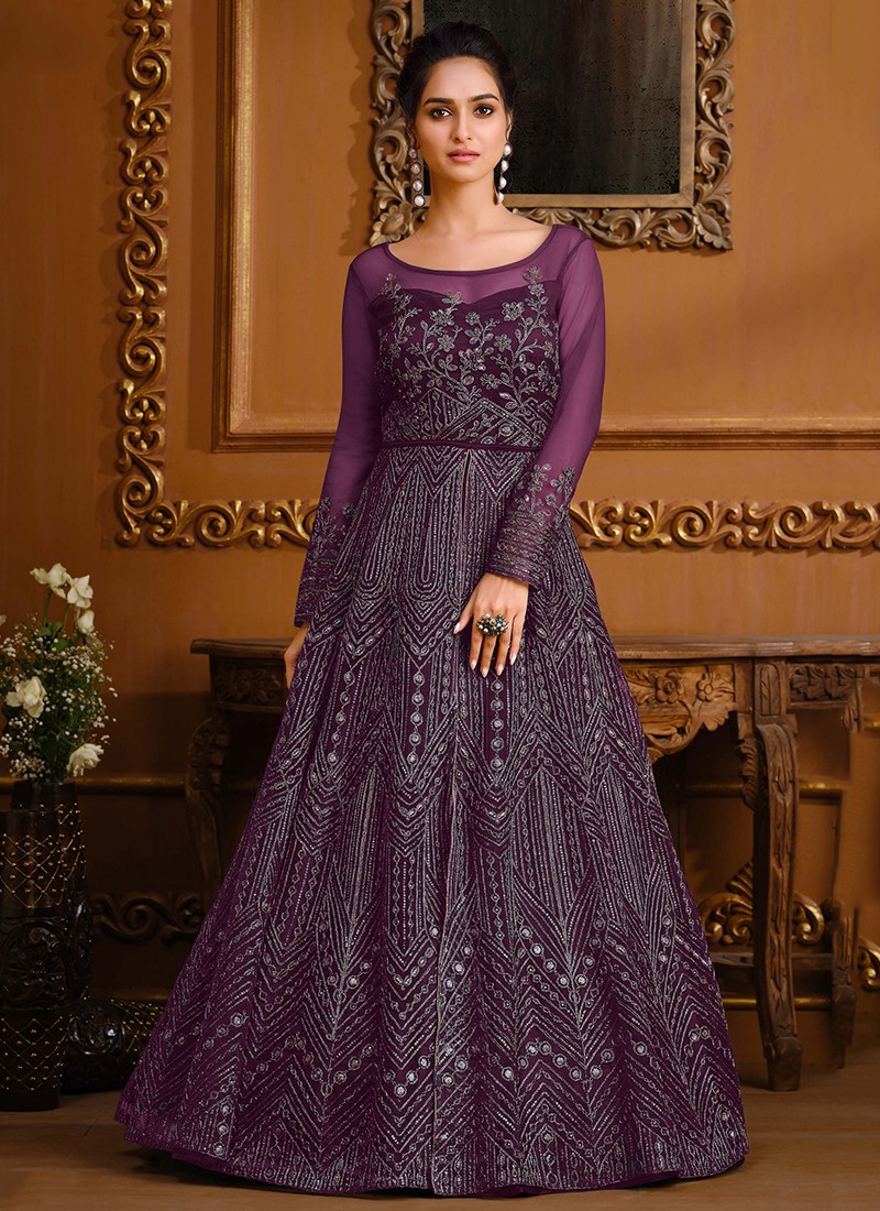 Wedding Wear Floral Embroidered Wine Color Alia Cut Gown With Dupatta –  TANHAI