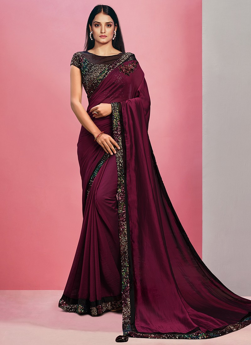 Buy Ready to Wear Saree, Wine Color Satin Silk Exclusive Casual Wear Saree  Looking Beautiful Work Blouse Saree Bold and Beautiful Saree Online in  India - Etsy