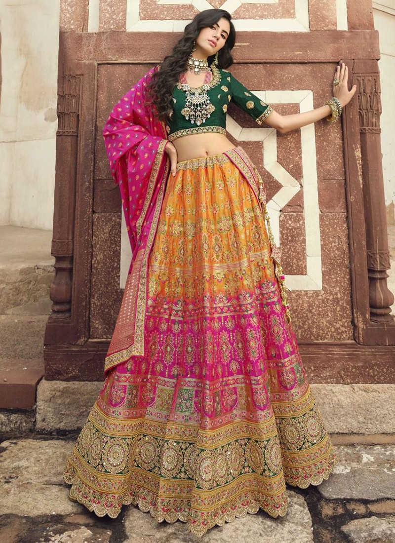 Yellow,Pink Banarasi Silk Designer Lehenga Choli | Yellow lehenga, Lehenga  choli online, Bridal lehenga choli